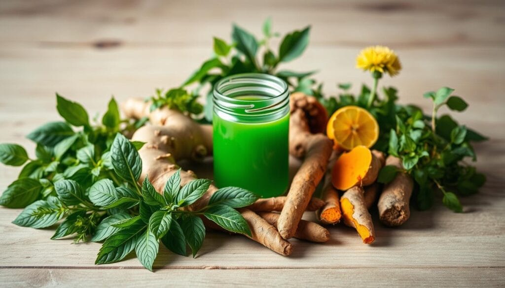 A beautiful, serene still life arrangement showcasing an assortment of natural detox remedies. In the foreground, an arrangement of vibrant green leaves, fresh herbs, and earthy roots such as ginger, turmeric, and dandelion. In the middle ground, a glass jar filled with a vibrant green liquid, casting soft, diffused lighting on the scene. In the background, a wooden table surface with a neutral, muted color palette, allowing the natural elements to take center stage. The lighting is soft and natural, creating a calming, meditative atmosphere. The composition is balanced and visually appealing, inviting the viewer to explore the healing properties of these natural detoxification agents.