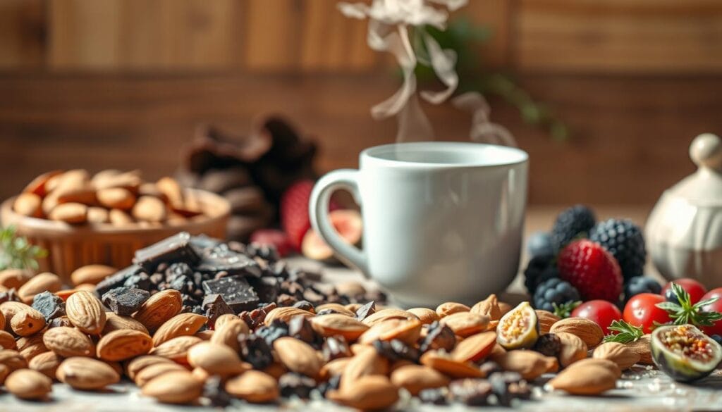 A beautifully lit still life showcasing an assortment of nutrient-dense stress-relief snacks. In the foreground, an array of whole foods including raw almonds, dark chocolate chunks, dried figs, and fresh berries. Slightly out of focus in the middle ground, a steaming mug of herbal tea emits wisps of fragrant steam. The background features a soft, earthy color palette with wooden textures and a sprinkling of fresh herbs. The lighting is warm and natural, casting a calming ambiance. The overall composition evokes a sense of mindfulness, balance, and holistic well-being.