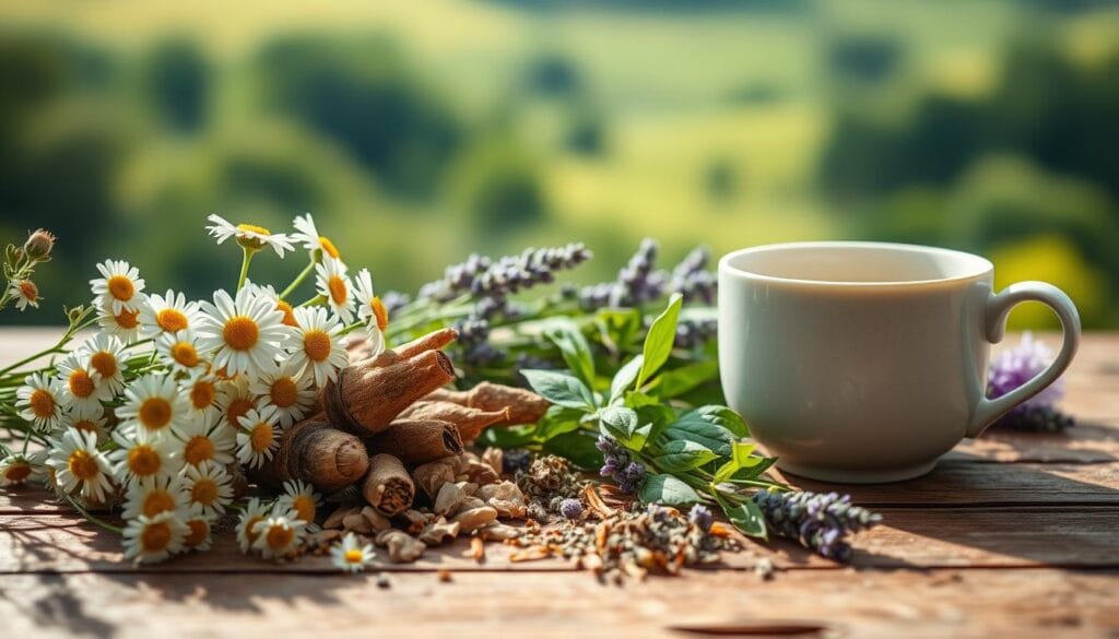A serene, botanical still life depicting a collection of calming herbal remedies for stress relief. In the foreground, an arrangement of fresh chamomile flowers, dried ashwagandha roots, and a ceramic teacup filled with a soothing herbal infusion. Soft, natural lighting filters in from the side, casting gentle shadows and highlighting the texture of the organic elements. In the middle ground, a handful of additional herbs such as lavender, lemon balm, and passionflower spill across a rustic wooden surface. The background features a blurred, verdant landscape, evoking a sense of tranquility and connection to nature. The overall mood is one of quiet contemplation and restorative wellness. A serene, botanical still life depicting a collection of calming herbal remedies for stress relief. In the foreground, an arrangement of fresh chamomile flowers, dried ashwagandha roots, and a ceramic teacup filled with a soothing herbal infusion. Soft, natural lighting filters in from the side, casting gentle shadows and highlighting the texture of the organic elements. In the middle ground, a handful of additional herbs such as lavender, lemon balm, and passionflower spill across a rustic wooden surface. The background features a blurred, verdant landscape, evoking a sense of tranquility and connection to nature. The overall mood is one of quiet contemplation and restorative wellness.