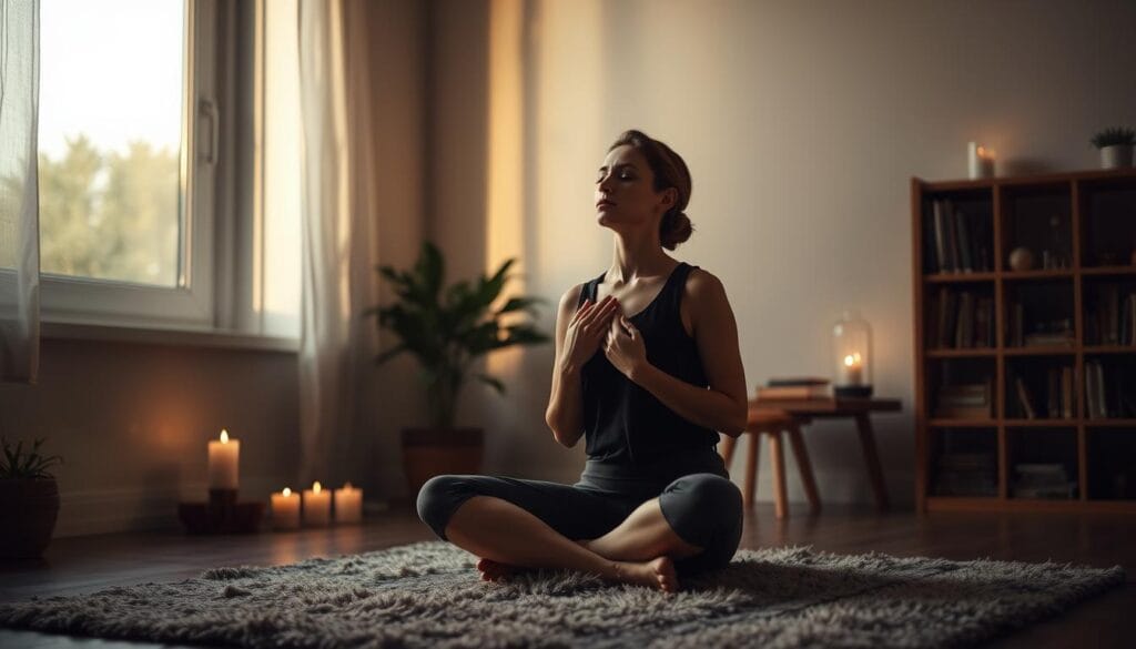 A serene, dimly lit room with soft, diffused lighting from a large window. In the foreground, a person sits cross-legged on a plush rug, eyes closed, hands resting on their lap. Their posture is relaxed, shoulders down, as they focus on their breath, chest gently rising and falling. In the middle ground, a potted plant and a few candles flicker, casting warm, soothing shadows. The background features a bookshelf with a few well-worn volumes, radiating a sense of tranquility and introspection. The overall atmosphere is one of mindfulness, calm, and the act of tuning in to the rhythms of one's own breath. A serene, dimly lit room with soft, diffused lighting from a large window. In the foreground, a person sits cross-legged on a plush rug, eyes closed, hands resting on their lap. Their posture is relaxed, shoulders down, as they focus on their breath, chest gently rising and falling. In the middle ground, a potted plant and a few candles flicker, casting warm, soothing shadows. The background features a bookshelf with a few well-worn volumes, radiating a sense of tranquility and introspection. The overall atmosphere is one of mindfulness, calm, and the act of tuning in to the rhythms of one's own breath.