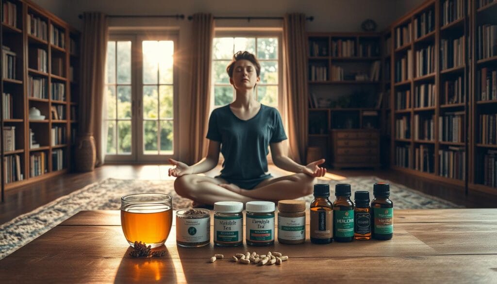 A serene, dimly-lit study bathed in warm, golden light. In the foreground, a person sits cross-legged on a plush rug, eyes closed, practicing deep breathing. Surrounding them, an assortment of herbal remedies - chamomile tea, ashwagandha capsules, and calming essential oils - arranged neatly on a wooden table. The middle ground features bookshelves lining the walls, filled with volumes on meditation and mindfulness. Through a large window in the background, a lush garden scene can be glimpsed, evoking a sense of tranquility and connection with nature. The overall atmosphere is one of peaceful respite, a sanctuary for managing stress and finding inner balance. A serene, dimly-lit study bathed in warm, golden light. In the foreground, a person sits cross-legged on a plush rug, eyes closed, practicing deep breathing. Surrounding them, an assortment of herbal remedies - chamomile tea, ashwagandha capsules, and calming essential oils - arranged neatly on a wooden table. The middle ground features bookshelves lining the walls, filled with volumes on meditation and mindfulness. Through a large window in the background, a lush garden scene can be glimpsed, evoking a sense of tranquility and connection with nature. The overall atmosphere is one of peaceful respite, a sanctuary for managing stress and finding inner balance.