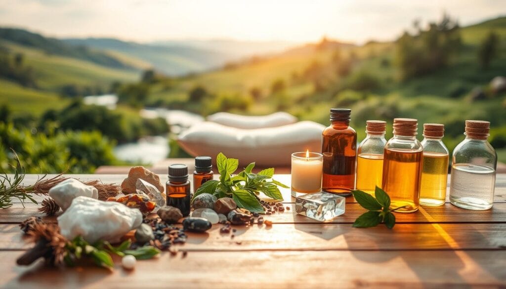 A serene holistic wellness scene, featuring an array of natural detox remedies. The foreground showcases a variety of herbs, crystals, and essential oils arranged artfully on a wooden surface, with soft, warm lighting casting a soothing glow. In the middle ground, a tranquil meditation space with a plush cushion and a lit candle, surrounded by lush greenery. The background depicts a calming, natural landscape with rolling hills, a trickling stream, and a clear, expansive sky, conveying a sense of harmony and rejuvenation. The overall atmosphere is one of mindfulness, balance, and a reconnection with the restorative powers of nature.