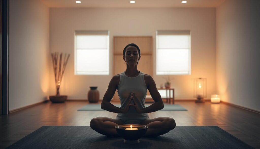 A serene meditation room with soft, diffused lighting and a warm, calming atmosphere. In the foreground, a person sits cross-legged, eyes closed, practicing deep, rhythmic breathing, their body relaxed and at peace. In the middle ground, a small table holds a burning candle and a bowl of water, creating a soothing ambiance. The background features a simple, minimalist decor with neutral colors and natural textures, such as a bamboo plant or a zen garden, evoking a sense of tranquility and mindfulness. The overall scene conveys a sense of stillness, calm, and the restorative power of breath-based stress relief techniques. A serene meditation room with soft, diffused lighting and a warm, calming atmosphere. In the foreground, a person sits cross-legged, eyes closed, practicing deep, rhythmic breathing, their body relaxed and at peace. In the middle ground, a small table holds a burning candle and a bowl of water, creating a soothing ambiance. The background features a simple, minimalist decor with neutral colors and natural textures, such as a bamboo plant or a zen garden, evoking a sense of tranquility and mindfulness. The overall scene conveys a sense of stillness, calm, and the restorative power of breath-based stress relief techniques.