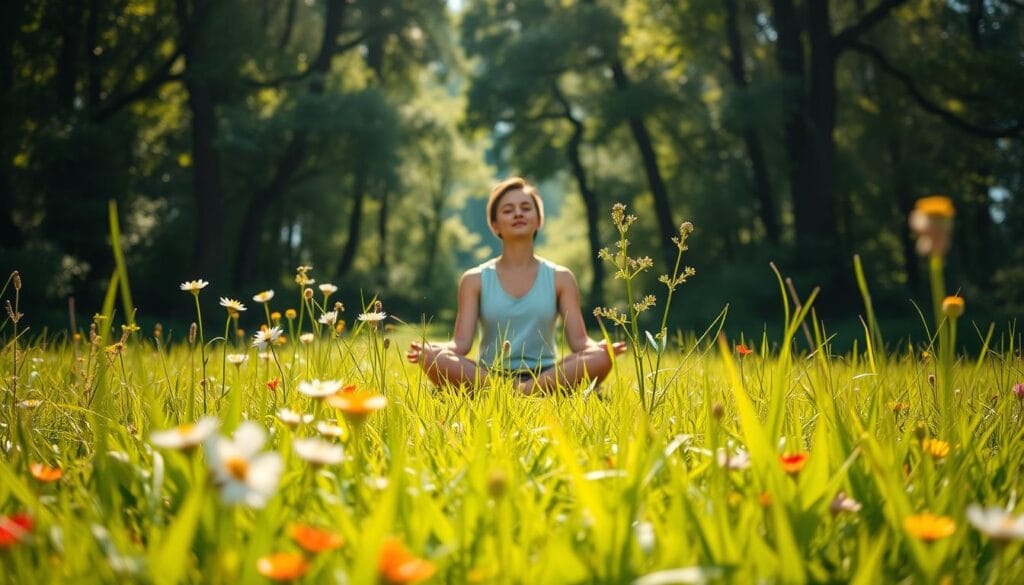 A serene, sunlit meadow with lush green grass and vibrant wildflowers in the foreground. In the middle ground, a person sitting cross-legged, eyes closed, their expression peaceful and relaxed. Wisps of chamomile and ashwagandha plants sway gently in the breeze around them. The background features a tranquil forest, with soft, dappled lighting filtering through the canopy of trees. The overall scene conveys a sense of natural harmony and restorative calm, helping to alleviate the stresses of daily life. A serene, sunlit meadow with lush green grass and vibrant wildflowers in the foreground. In the middle ground, a person sitting cross-legged, eyes closed, their expression peaceful and relaxed. Wisps of chamomile and ashwagandha plants sway gently in the breeze around them. The background features a tranquil forest, with soft, dappled lighting filtering through the canopy of trees. The overall scene conveys a sense of natural harmony and restorative calm, helping to alleviate the stresses of daily life.