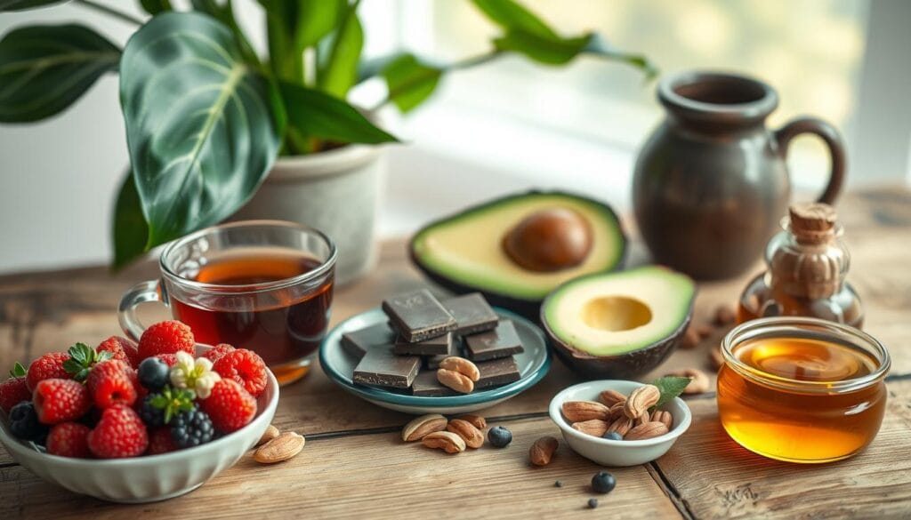 A still life arrangement showcasing a variety of natural, wholesome "relaxation foods" on a rustic wooden table. In the foreground, a bowl of fresh berries, a mug of herbal tea, and a handful of raw nuts. In the middle ground, a plate of dark chocolate pieces, a wedge of creamy avocado, and a small dish of honey. The background features a lush leafy plant, soft natural lighting, and a calming, nature-inspired atmosphere. The overall scene conveys a sense of tranquility, balance, and the restorative power of nutrient-dense, nourishing foods.