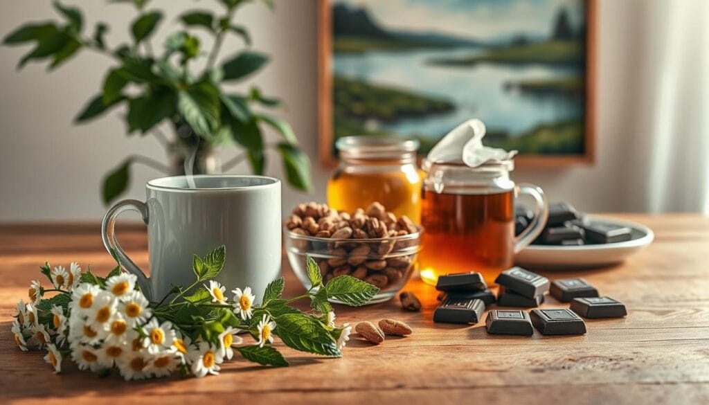 A still life of various stress-relieving foods arranged on a wooden table, bathed in warm, soft lighting. In the foreground, a cluster of chamomile flowers, fresh mint sprigs, and a mug of steaming herbal tea. In the middle ground, a bowl of mixed nuts, a jar of honey, and a plate of dark chocolate squares. In the background, a leafy plant and a calming landscape painting on the wall, conveying a sense of tranquility and mindfulness. The composition and lighting evoke a soothing, restorative atmosphere, inviting the viewer to slow down and savor the simple pleasures of these nourishing, stress-management foods.