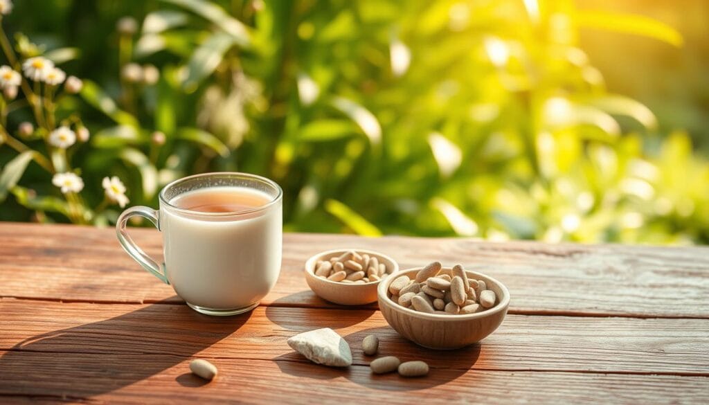A tranquil scene of a wooden table, adorned with a steaming mug of chamomile tea and a small bowl of ashwagandha supplements, set against a backdrop of lush greenery and warm, natural lighting. The table is surrounded by a few scattered stones, suggesting an atmosphere of mindfulness and grounding. The overall composition evokes a sense of calm and relaxation, inviting the viewer to pause and explore the soothing power of these herbal remedies. A tranquil scene of a wooden table, adorned with a steaming mug of chamomile tea and a small bowl of ashwagandha supplements, set against a backdrop of lush greenery and warm, natural lighting. The table is surrounded by a few scattered stones, suggesting an atmosphere of mindfulness and grounding. The overall composition evokes a sense of calm and relaxation, inviting the viewer to pause and explore the soothing power of these herbal remedies.