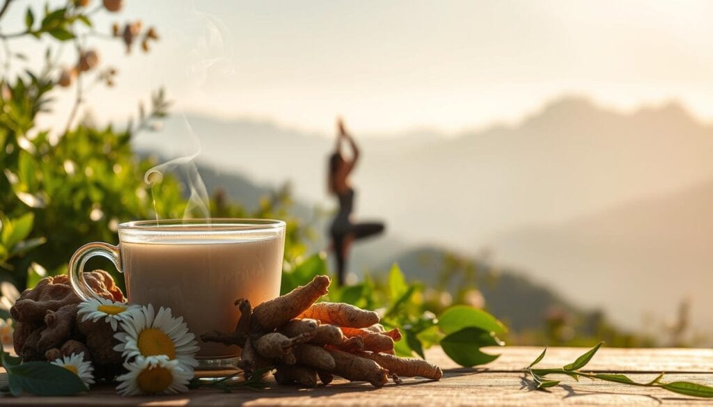 A tranquil scene unfolds, capturing the essence of stress relief strategies. In the foreground, a serene cup of chamomile tea steams gently, its delicate aroma wafting through the air. Beside it, a vibrant bundle of ashwagandha roots, their intricate patterns casting captivating shadows. In the middle ground, a graceful yoga pose is executed, the practitioner's form silhouetted against a warm, golden light. Surrounding them, lush greenery and soothing, earthy tones create a cocooning atmosphere of calm. In the background, a mountainous landscape rises, its peaks bathed in a soft, hazy glow, suggesting the restorative power of nature. The overall composition evokes a sense of balance, harmony, and the rejuvenating qualities of herbal remedies and mindful practices. Prompt A tranquil scene unfolds, capturing the essence of stress relief strategies. In the foreground, a serene cup of chamomile tea steams gently, its delicate aroma wafting through the air. Beside it, a vibrant bundle of ashwagandha roots, their intricate patterns casting captivating shadows. In the middle ground, a graceful yoga pose is executed, the practitioner's form silhouetted against a warm, golden light. Surrounding them, lush greenery and soothing, earthy tones create a cocooning atmosphere of calm. In the background, a mountainous landscape rises, its peaks bathed in a soft, hazy glow, suggesting the restorative power of nature. The overall composition evokes a sense of balance, harmony, and the rejuvenating qualities of herbal remedies and mindful practices. Prompt