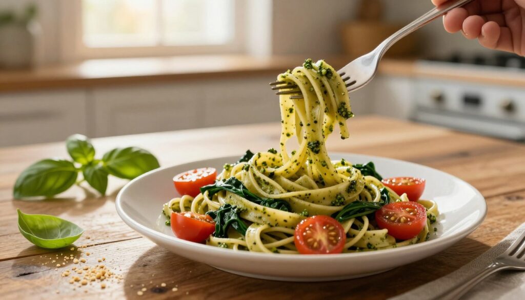 A beautifully arranged plate of guilt-free pasta, showcasing whole grain fettuccine tossed with a vibrant green basil pesto, cherry tomatoes, and lightly sautéed spinach. In the foreground, a fork twirls the pasta, capturing the freshness of the ingredients. The middle ground features a rustic wooden table adorned with fresh basil leaves and a sprinkle of nutritional yeast for a cheesy flavor. The background is a softly blurred kitchen setting, illuminated by warm, golden hour lighting streaming through an above window, creating an inviting atmosphere. The mood conveys comfort and health, emphasizing the concept of enjoying pasta without guilt. The scene is shot from a slightly elevated angle, focusing on the textures and colors of the dish, inspiring a feeling of wholesome indulgence.