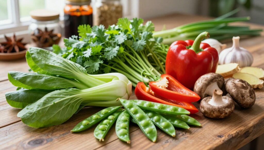 A beautifully arranged selection of fresh Chinese ingredients on a rustic wooden table. In the foreground, vibrant green bok choy and crisp snow peas are artfully positioned alongside bright red bell peppers and earthy mushrooms. The middle area features a variety of aromatic herbs like cilantro and green onions, interspersed with garlic bulbs and slices of ginger. In the background, subtle hints of dried spices and sauces in decorative jars create depth. Soft, natural lighting streams in from a nearby window, casting gentle shadows that highlight the textures of the ingredients. The mood is inviting and fresh, conveying the essence of nutritious Chinese cuisine, perfect for a balanced diet. A shallow depth of field focuses on the vibrant colors and details of the ingredients, emphasizing their freshness and healthfulness. A beautifully arranged selection of fresh Chinese ingredients on a rustic wooden table. In the foreground, vibrant green bok choy and crisp snow peas are artfully positioned alongside bright red bell peppers and earthy mushrooms. The middle area features a variety of aromatic herbs like cilantro and green onions, interspersed with garlic bulbs and slices of ginger. In the background, subtle hints of dried spices and sauces in decorative jars create depth. Soft, natural lighting streams in from a nearby window, casting gentle shadows that highlight the textures of the ingredients. The mood is inviting and fresh, conveying the essence of nutritious Chinese cuisine, perfect for a balanced diet. A shallow depth of field focuses on the vibrant colors and details of the ingredients, emphasizing their freshness and healthfulness.