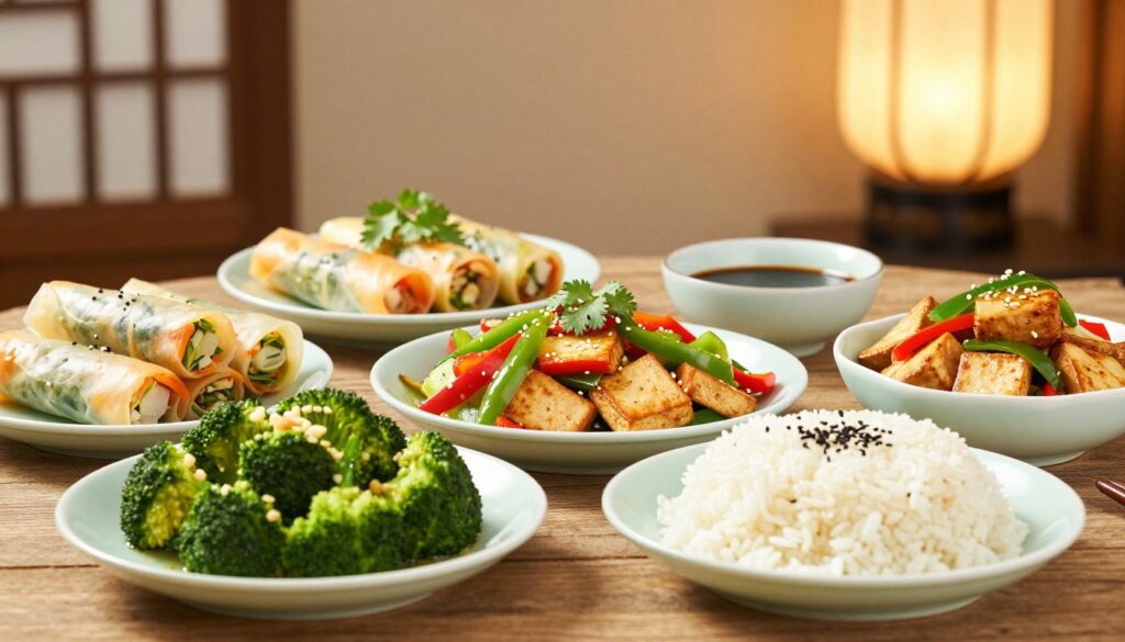 A beautifully arranged table showcasing vibrant, healthy Chinese food options, in the foreground featuring colorful dishes like steamed broccoli with garlic, jasmine rice, tofu stir-fry with bell peppers, and a side of fresh spring rolls. In the middle, include elegantly presented plates garnished with cilantro and sesame seeds, along with small ceramic dipping bowls filled with low-sodium soy sauce. The background should be softly blurred, suggesting a traditional Chinese decor with bamboo accents and subtle lantern lighting that creates a warm, inviting atmosphere. The scene is bright, emphasizing the freshness of the ingredients, and captured from a slightly elevated angle to showcase the variety and richness of the meal, evoking feelings of health, balance, and nourishment. A beautifully arranged table showcasing vibrant, healthy Chinese food options, in the foreground featuring colorful dishes like steamed broccoli with garlic, jasmine rice, tofu stir-fry with bell peppers, and a side of fresh spring rolls. In the middle, include elegantly presented plates garnished with cilantro and sesame seeds, along with small ceramic dipping bowls filled with low-sodium soy sauce. The background should be softly blurred, suggesting a traditional Chinese decor with bamboo accents and subtle lantern lighting that creates a warm, inviting atmosphere. The scene is bright, emphasizing the freshness of the ingredients, and captured from a slightly elevated angle to showcase the variety and richness of the meal, evoking feelings of health, balance, and nourishment.