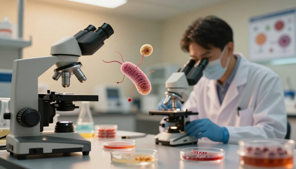 A detailed illustration showcasing the Helicobacter pylori bacteria under a microscope, with an emphasis on the distinct spiral shape and flagella. In the foreground, include a laboratory setting featuring a microscope with lab tools and petri dishes. In the middle ground, incorporate a healthcare professional in a lab coat, looking intently at the microscope, demonstrating focus and professionalism. The background should depict a softly lit laboratory workspace filled with scientific equipment and charts related to H. pylori infection. The lighting should be warm and inviting, creating an atmosphere of scientific discovery and understanding. Use a slight upward angle to capture the scene dynamically, ensuring clarity and detail in the subject matter. The image should evoke a sense of curiosity and knowledge about H. pylori diagnosis.