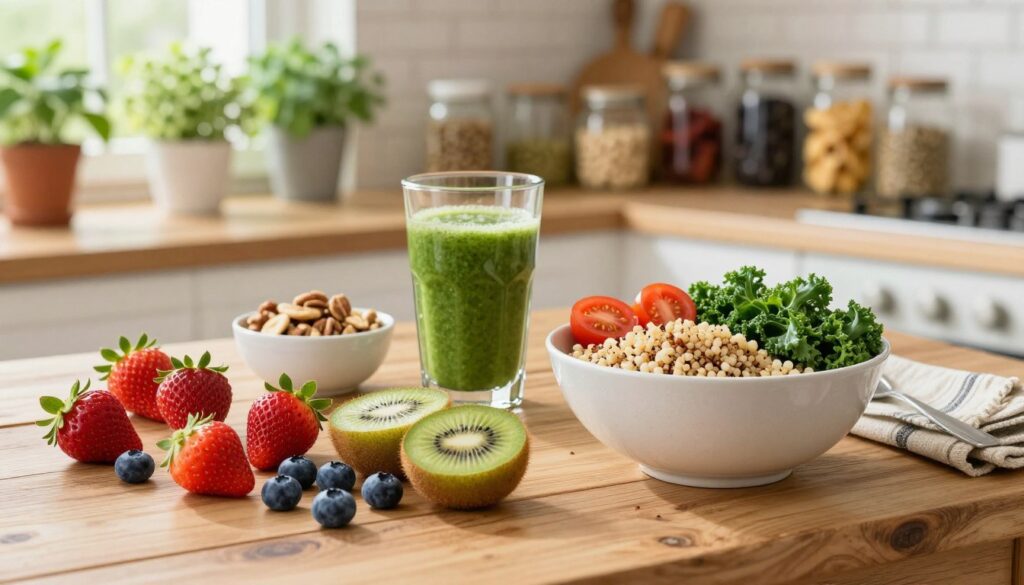 A vibrant spread of healthy food options displayed on a rustic wooden table in a bright, sunlit kitchen. In the foreground, a colorful assortment of fresh fruits like strawberries, blueberries, and sliced kiwi, alongside a grain bowl filled with quinoa, kale, and cherry tomatoes. The middle ground features a glass of green smoothie and a small bowl of nuts. The background includes shelves lined with herb plants and neatly organized jars of seeds and dried fruits, enhancing the homey atmosphere. Soft, natural lighting highlights the freshness of the ingredients, creating a warm and inviting ambiance. A shallow depth of field focuses on the food, drawing the viewer's eye to the vibrant colors and textures.
